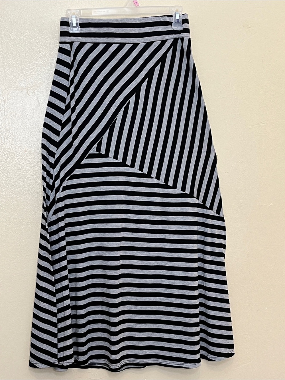 Striped Black and Gray Maxi Skirt with Diagonal Panel